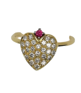 YELLOW GOLD RING WITH HEART-SHAPED PAVE DIAMONDS AND RUBY