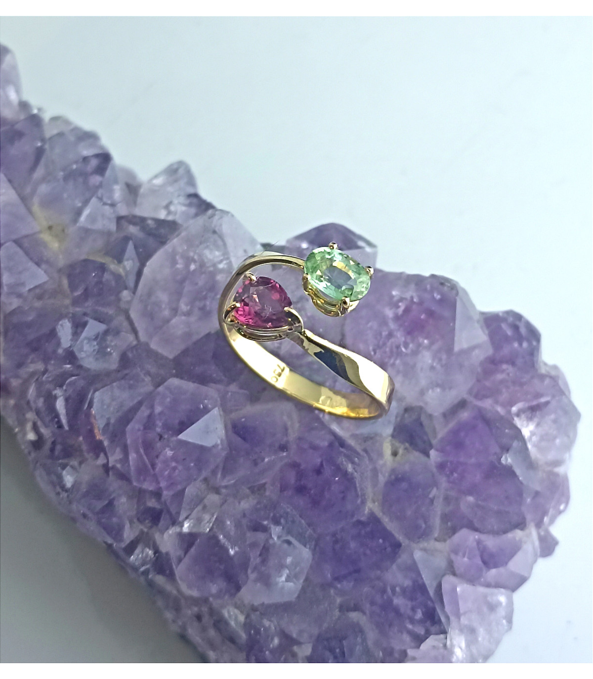 ANILLO DE ORO TU Y YO CON TURMALINAS