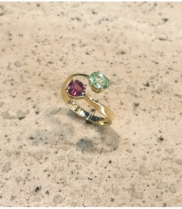 ANILLO DE ORO TU Y YO CON TURMALINAS